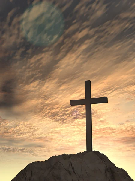 Conceito ou cruz conceitual forma símbolo religião sobre o céu por do sol com nuvens de fundo — Fotografia de Stock