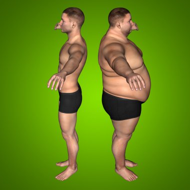 Kavram ya da kavramsal 3d şişman kilolu vs ince uygun diyet ile kasları genç adam yeşil degrade arka plan