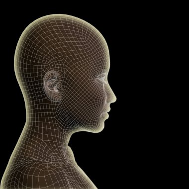 Yüksek çözünürlüklü kavram ya da siyah arka plan üzerine izole kavramsal 3d tel kafes insan kadın kafası