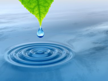 Kavramsal su veya çiğ bırakın dalgalar yapma mavi temiz su üzerinde yeşil bir taze yaprak düşüyor