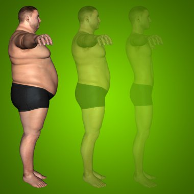 Kavram ya da kavramsal 3d şişman kilolu vs ince uygun diyet ile kasları genç adam yeşil degrade arka plan