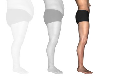 Kavram ya da kavramsal 3d şişman kilolu vs ince diyet beyaz arka plan üzerinde izole kas genç adam tam anlamıyla uyum