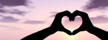 Kavram ya da kavramsal kalp şekli ya da sembol insan veya kadın ve adam el silüeti üzerinde bir gökyüzü günbatımı arka plan afiş, yapılan