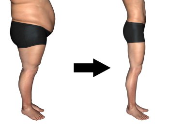 Kavram ya da kavramsal 3d şişman kilolu vs ince diyet beyaz arka plan üzerinde izole kas genç adam tam anlamıyla uyum