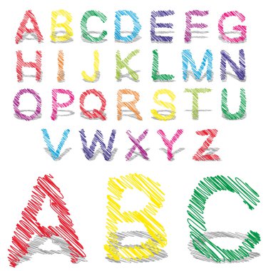 Kavram veya kavramsal kümesi veya beyaz arka plan üzerinde izole renkli el yazısı, kroki veya karalama fontlar koleksiyonu