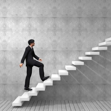 Kavram ya da kavramsal 3d adam ya da bir merdiven veya yakınındaki bir duvar arka plan adımları tırmanma işadamı