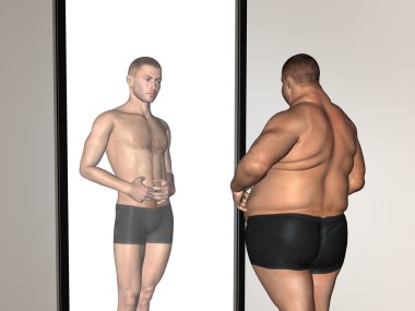 Kavram ya da kas genç adam aynaya yansıtan diyet ile kavramsal 3d şişman kilolu vs slim fit
