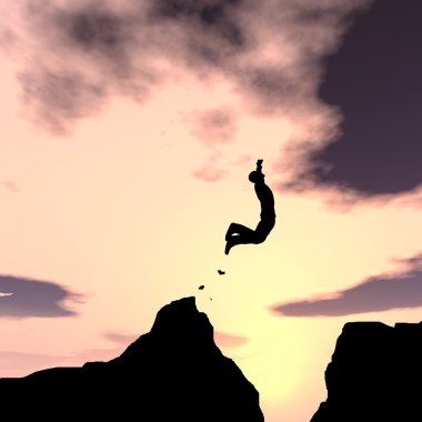 Kavram ya da kavramsal genç adam ya da işadamı siluet atlamak mutlu Uçurumun boşluğu gündoğumu veya günbatımı gökyüzü arka plan üzerinde