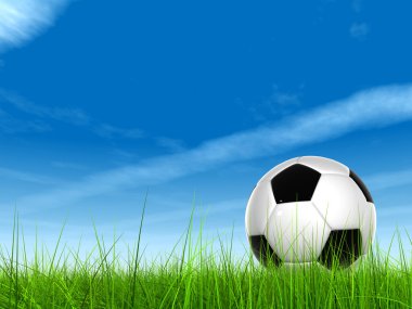 Kavram ya da taze yeşil yaz veya bahar kavramsal 3d futbol topu alan çim bir mavi gökyüzü arka plan ile