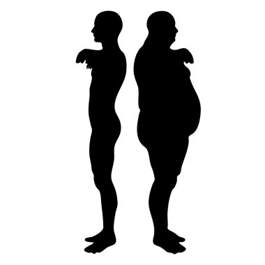 Kavram ya da kavramsal 3d şişman kilolu vs ince beyaz arka plan üzerinde genç adam siluet izole kas ile diyet uygun