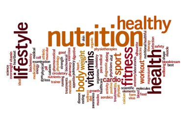 Yüksek çözünürlüklü kavram ya da kavramsal soyut sağlık ve beslenme kelime bulutu ya da beyaz arka plan üzerinde wordcloud