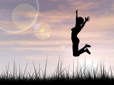 Kavram ya da kavramsal genç kadın ya da işkadını siluet mutlu atlamak günbatımı veya gündoğumu gökyüzü arka plan sahasının çim