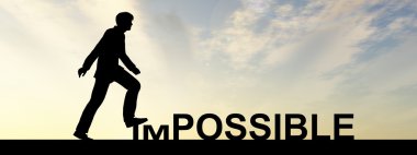 Kavramsal 3d insan adam kavramı ya da işadamı olarak siyah siluet olanaksız veya olası metin, gün batımı afiş üzerinde adım