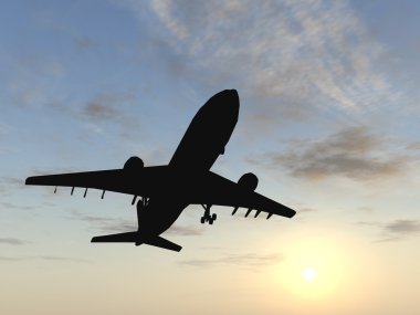 Günbatımında veya gündoğumunda gökyüzünde uçan kavramsal ya da kavramsal siyah uçak, uçak ya da silueti