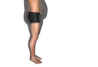 Kavram ya da kavramsal 3d şişman kilolu vs ince diyet beyaz arka plan üzerinde izole kas genç adam tam anlamıyla uyum