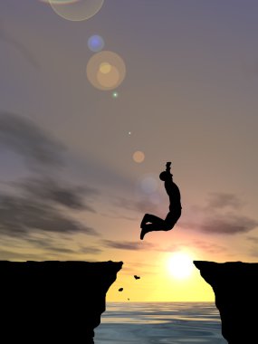 Kavram ya da kavramsal genç adam ya da işadamı siluet atlamak mutlu uçurumun üzerinden su gap gündoğumu veya günbatımı gökyüzü arka plan