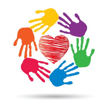 Kavram ya da kavramsal kırmızı kalp sembol çocuk insan eli ile spiral veya beyaz arka plan üzerinde izole daire yazdırır