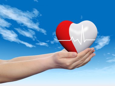 3d kırmızı soyut insan kalp imzalamak veya sembol insan erkek ya da kadın eller, mavi gökyüzü arka planda tutulan kavramsal kavramı