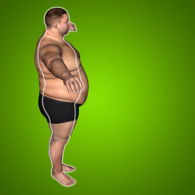 Kavram ya da kavramsal 3d şişman kilolu vs ince uygun diyet ile kasları genç adam yeşil degrade arka plan