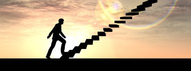 Kavram ya da merdiven veya adımları günbatımı gökyüzü arka plan afiş üzerinde kavramsal 3d erkek iş adamı