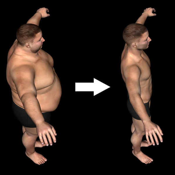 Koncepcja lub 3d pojęciowy tłuszczu nadwagą vs slim pasuje dieta mięśnie młody mężczyzna na białym tle na czarnym tle — Zdjęcie stockowe