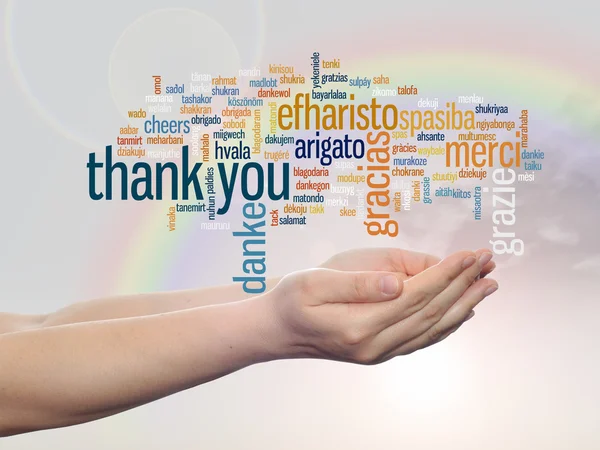 Concept or conceptual abstract thank you word cloud held in hands in different languages or multilingual for education or Thanksgiving Day over rainbow sky — Stock Photo, Image
