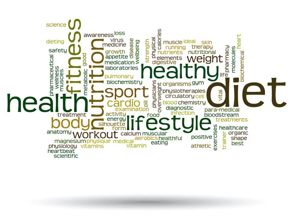 Kavram ya da kavramsal soyut sağlık diyet ya da spor kelime bulutu ya da beyaz arka plan üzerinde wordcloud — Stok fotoğraf