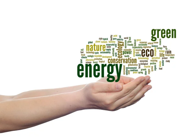 Concept or conceptual abstract green ecology or energy, conservation word cloud text in man hand on white background — Stock Photo, Image