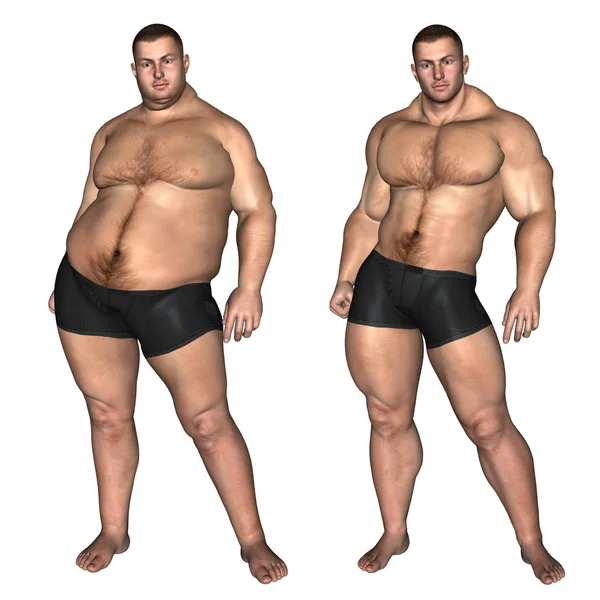 Koncepcja lub pojęciowy 3d tłuszczu nadwagą vs slim fit z mięśni młody człowiek na dietę na białym tle — Zdjęcie stockowe