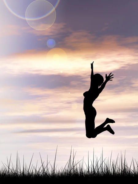 Konzept oder konzeptionelle junge Frau oder Geschäftsfrau Silhouette springen glücklich auf Gras Feld bei Sonnenuntergang oder Sonnenaufgang Himmel Hintergrund — Stockfoto