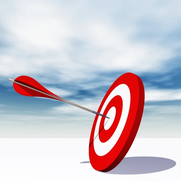 Concept of conceptuele rode dart targetbord met pijl in het midden op wolken hemelachtergrond — Stockfoto