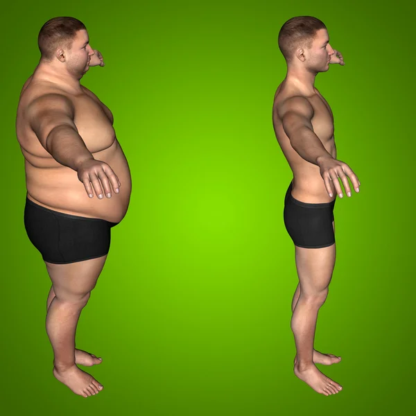 Konsep atau konsep kelebihan berat badan 3D vs pola makan langsing dengan otot-otot latar belakang gradien hijau pria muda — Stok Foto