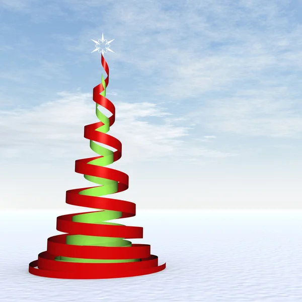 在蓝色天空的背景的白色装饰星级 3d 抽象概念的红色和绿色螺旋圣诞树 — 图库照片