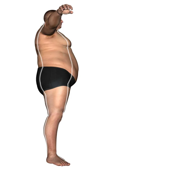 Koncepció vagy fogalmi 3d kövér túlsúlyos vs slim fit diéta izmok fiatalember elszigetelt fehér background — Stock Fotó