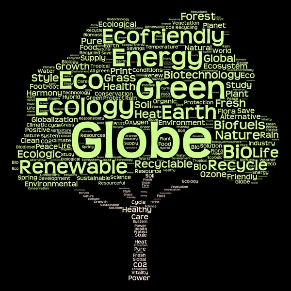 Árvore verde conceitual feita de ecologia, reciclar ou texto de energia como wordcloud isolado em fundo preto — Fotografia de Stock