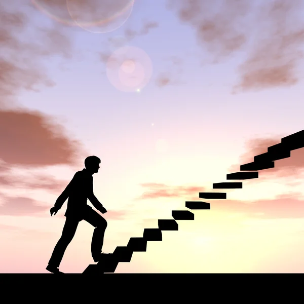Konzept oder konzeptionelle 3D männlichen Geschäftsmann auf Treppen oder Stufen über Sonnenuntergang Himmel Hintergrund — Stockfoto