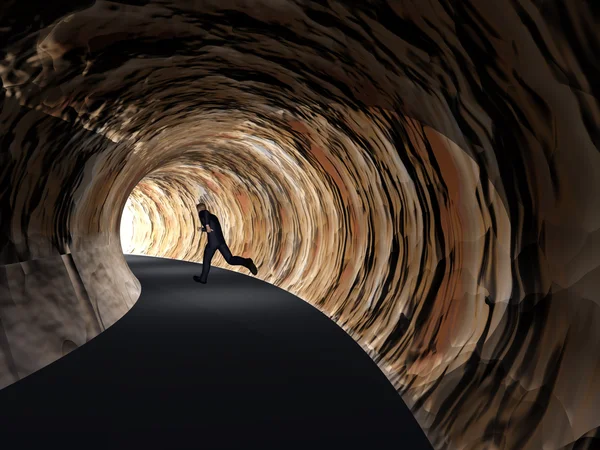 Hombre de negocios en 3D conceptual o conceptual, túnel de carretera oscuro con luz brillante al final del fondo — Foto de Stock