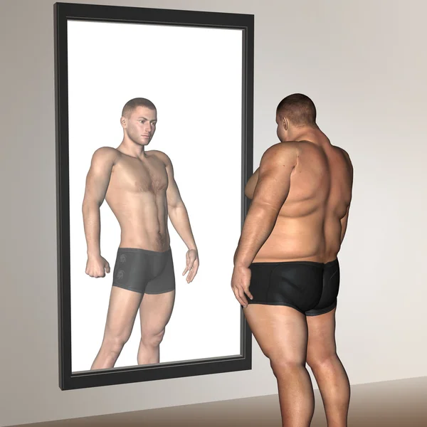 概念または概念の 3 d 脂肪肥満 vs スリム フィット映す鏡ダイエット筋肉若い男と — ストック写真