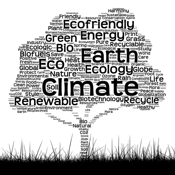 개념이 나 개념적 검은 생태 텍스트 단어 구름 나무와 잔디 흰색 배경에 고립 — 스톡 사진