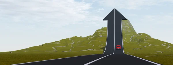 Concept or conceptual 3D red car on arrow road pointing up,upward over a mountain to sky background banner — 图库照片