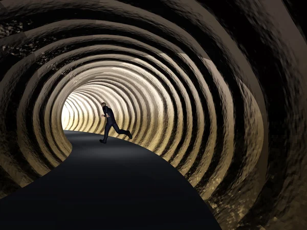 Conceito ou conceitual homem de negócios 3D, túnel de estrada escura com luz brilhante no fundo final — Fotografia de Stock