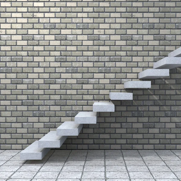 概念または概念の白い石またはコンクリートの階段のステップ付近の木材とレンガ壁の背景 — ストック写真