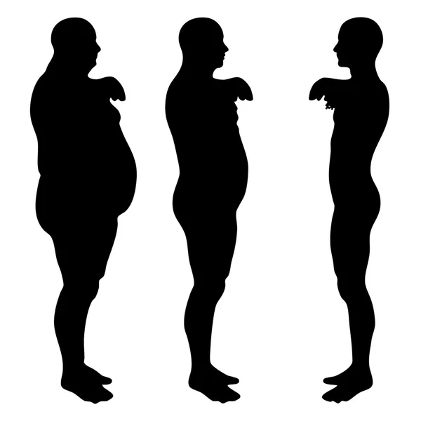 Koncept eller konceptuell 3d fett övervikt vs slim fit kost med muskler ung man silhuetten isolerad på vit bakgrund — Stockfoto