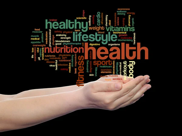 Concept or conceptual abstract health, nutrition or diet word cloud in human man hand isolated on background — Stock Photo, Image