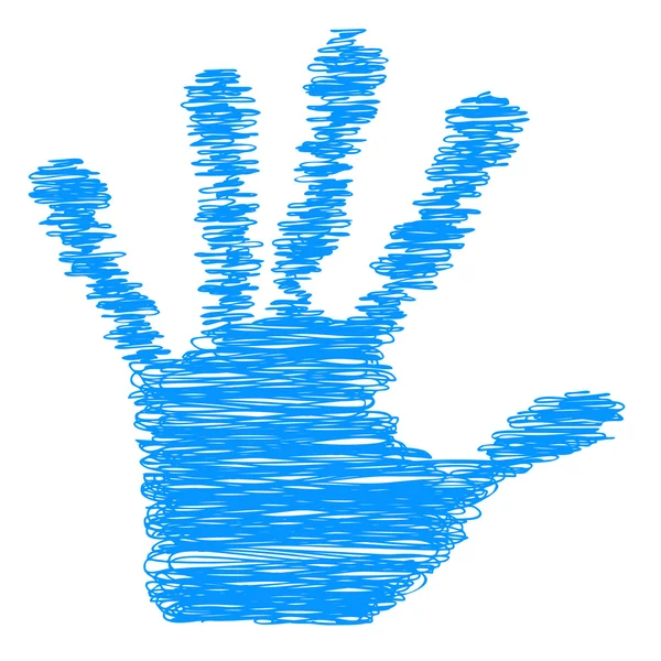 Conceptual blue painted drawing hand shape print or scribble isolated on white paper background — Stock Photo, Image