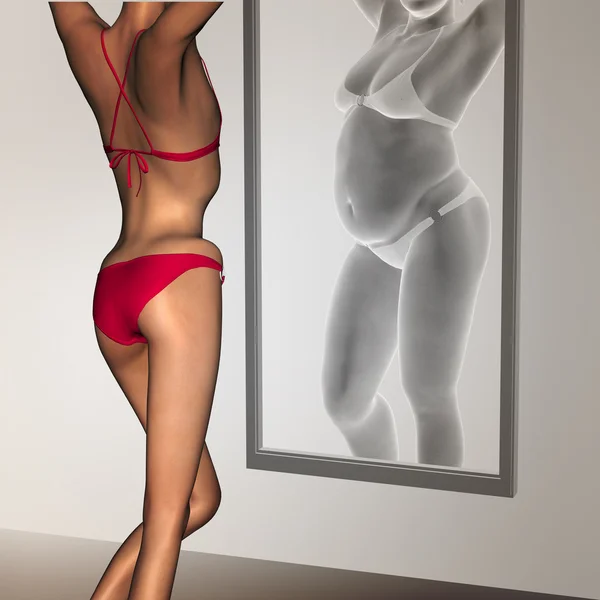 Concetto o concettuale donna 3D, ragazza grassa, sovrappeso vs in forma sana, magra sottopeso femmina anoressica prima e dopo la dieta su uno specchio — Foto Stock