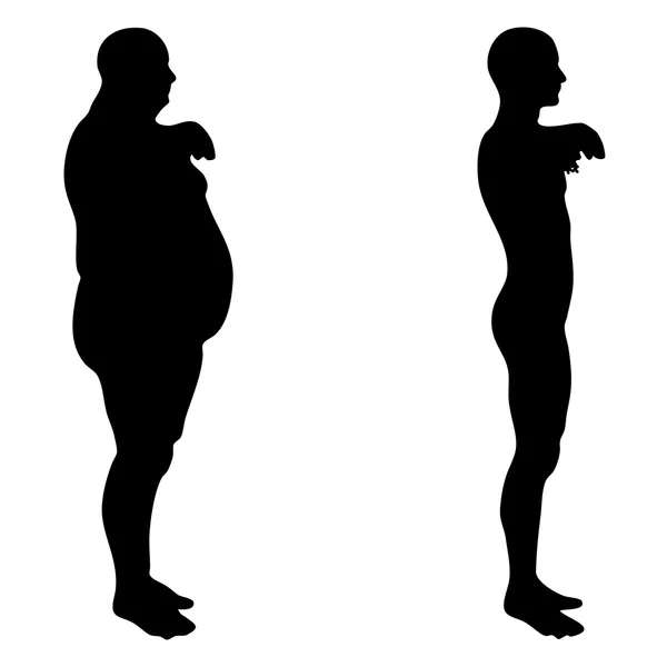 Konzept oder konzeptionelle 3D-Fett Übergewicht vs schlank fit Ernährung mit Muskeln junger Mann Silhouette isoliert auf weißem Hintergrund — Stockfoto