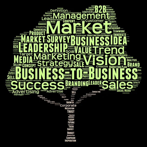 Concept or conceptual green tree leadership marketing or business word cloud isolated on black background wordcloud — Stock Photo, Image