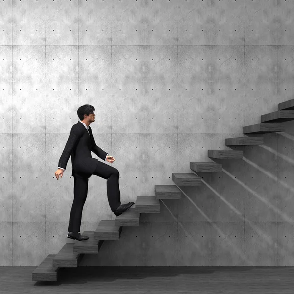 Koncept nebo konceptuální 3d muž nebo podnikatel lezení na schody nebo kroky poblíž zdi pozadí — Stock fotografie