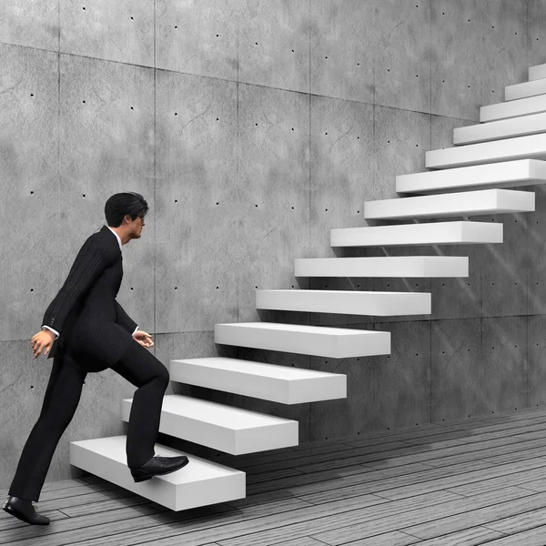 Conceito ou conceitual homem 3D ou homem de negócios subindo em uma escada ou passos perto de um fundo de parede — Fotografia de Stock